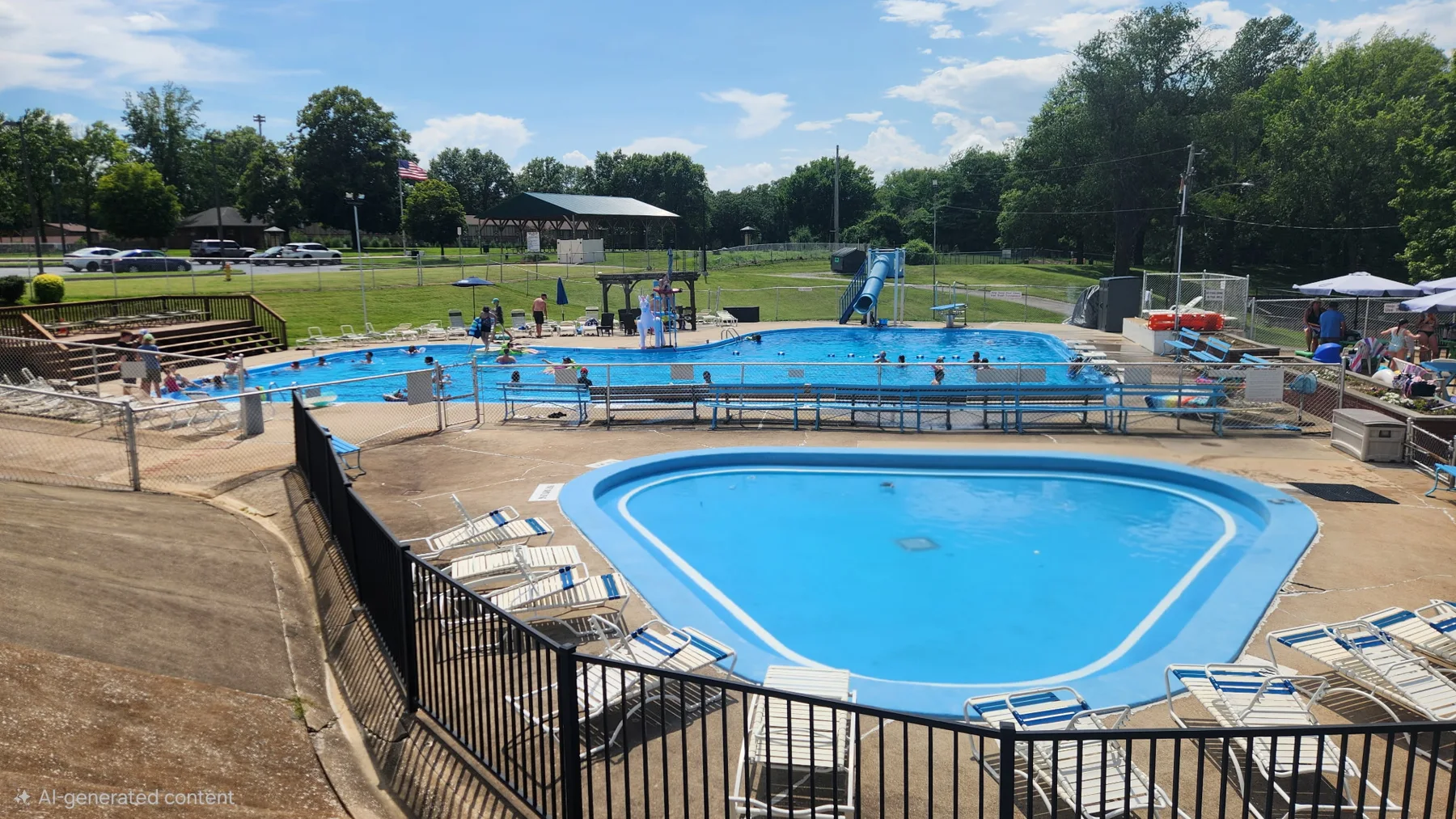 View of the main swimming pool and shallow pool at Dorchester